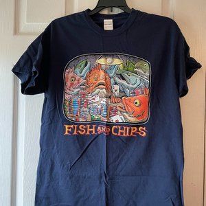Funny Tshirt - Fish and Chips - Blue, Size Medium